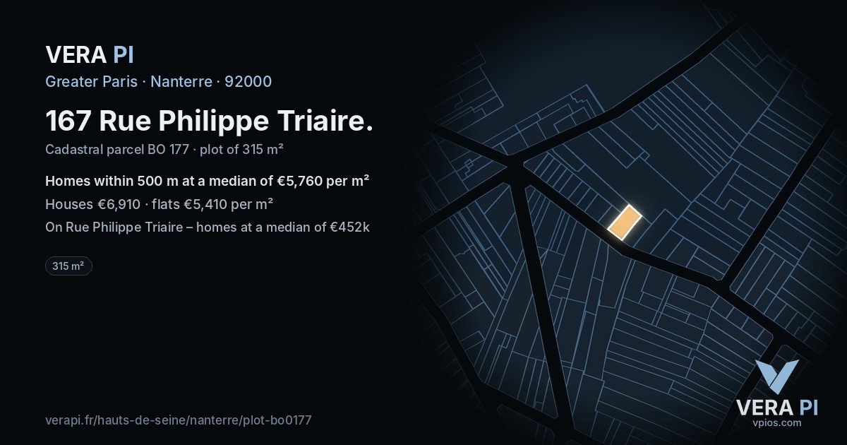 167 Rue Philippe Triaire, Nanterre at night – the plot lit, the parcels around coloured by the prices near them