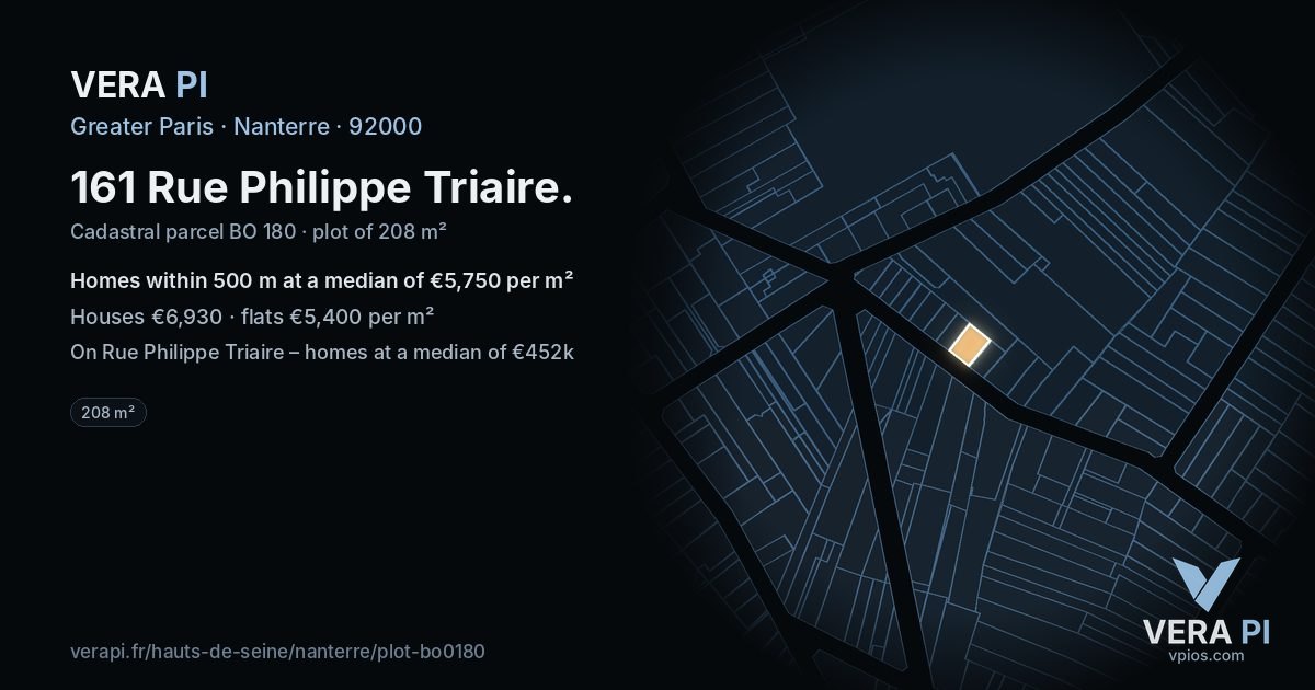 161 Rue Philippe Triaire, Nanterre at night – the plot lit, the parcels around coloured by the prices near them