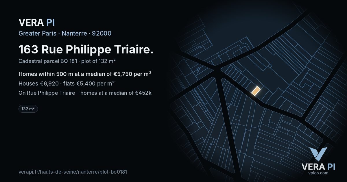 163 Rue Philippe Triaire, Nanterre at night – the plot lit, the parcels around coloured by the prices near them