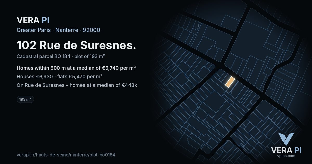 102 Rue de Suresnes, Nanterre at night – the plot lit, the parcels around coloured by the prices near them