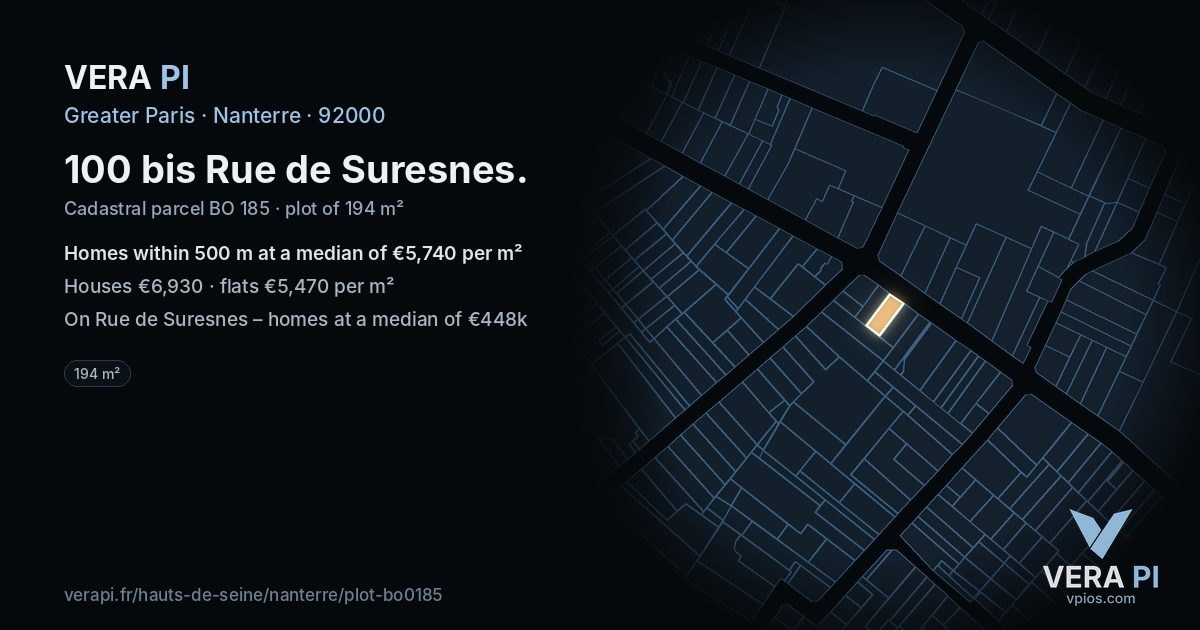 100 bis Rue de Suresnes, Nanterre at night – the plot lit, the parcels around coloured by the prices near them