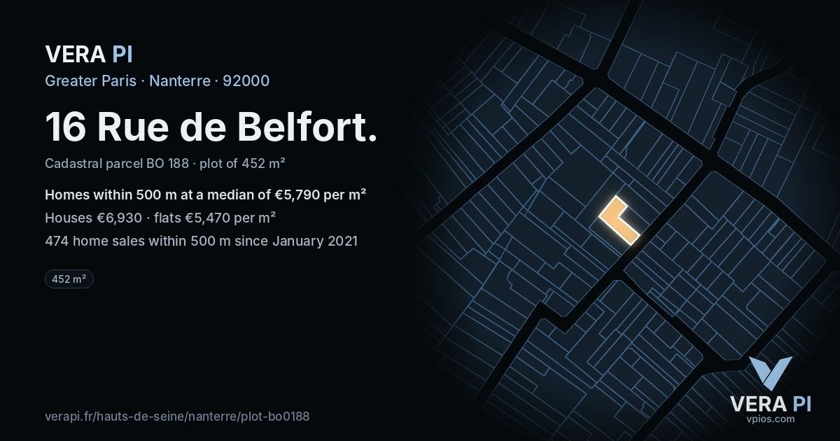 16 Rue de Belfort, Nanterre at night – the plot lit, the parcels around coloured by the prices near them