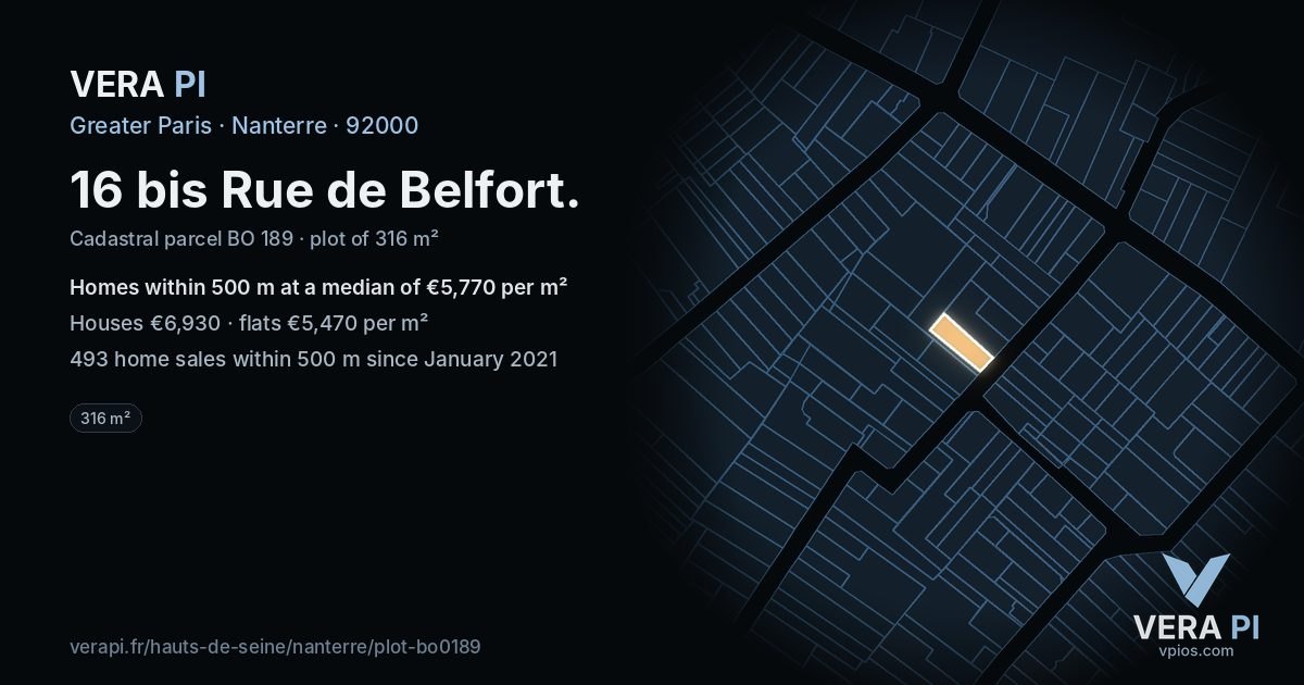 16 bis Rue de Belfort, Nanterre at night – the plot lit, the parcels around coloured by the prices near them