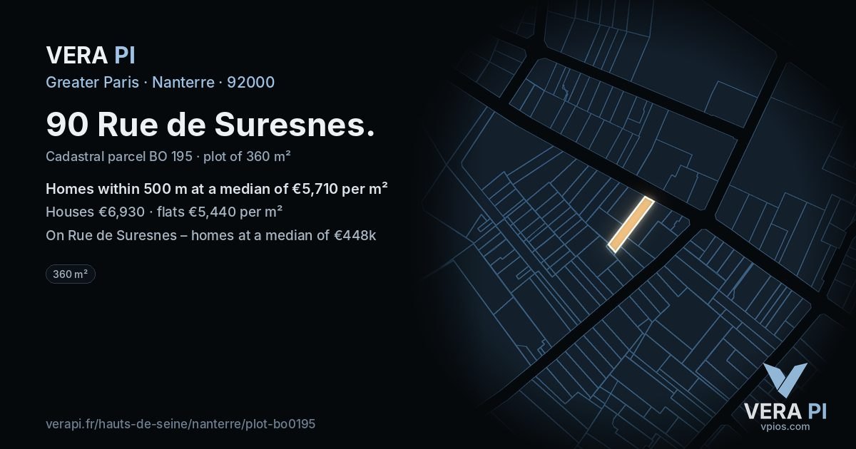 90 Rue de Suresnes, Nanterre at night – the plot lit, the parcels around coloured by the prices near them