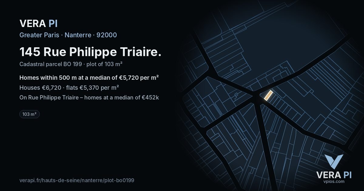 145 Rue Philippe Triaire, Nanterre at night – the plot lit, the parcels around coloured by the prices near them