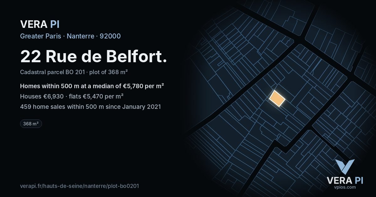 22 Rue de Belfort, Nanterre at night – the plot lit, the parcels around coloured by the prices near them