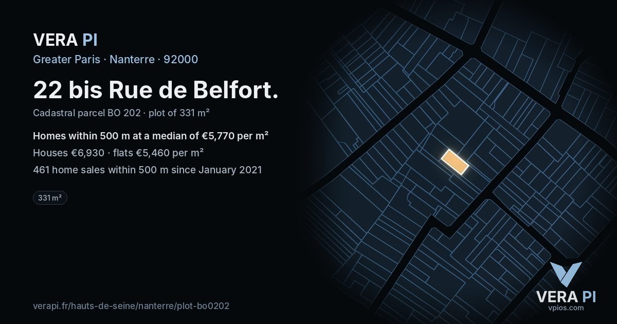 22 bis Rue de Belfort, Nanterre at night – the plot lit, the parcels around coloured by the prices near them