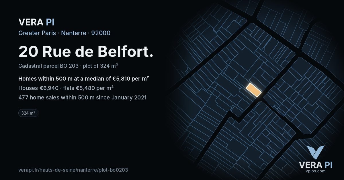 20 Rue de Belfort, Nanterre at night – the plot lit, the parcels around coloured by the prices near them