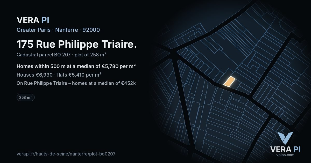 175 Rue Philippe Triaire, Nanterre at night – the plot lit, the parcels around coloured by the prices near them
