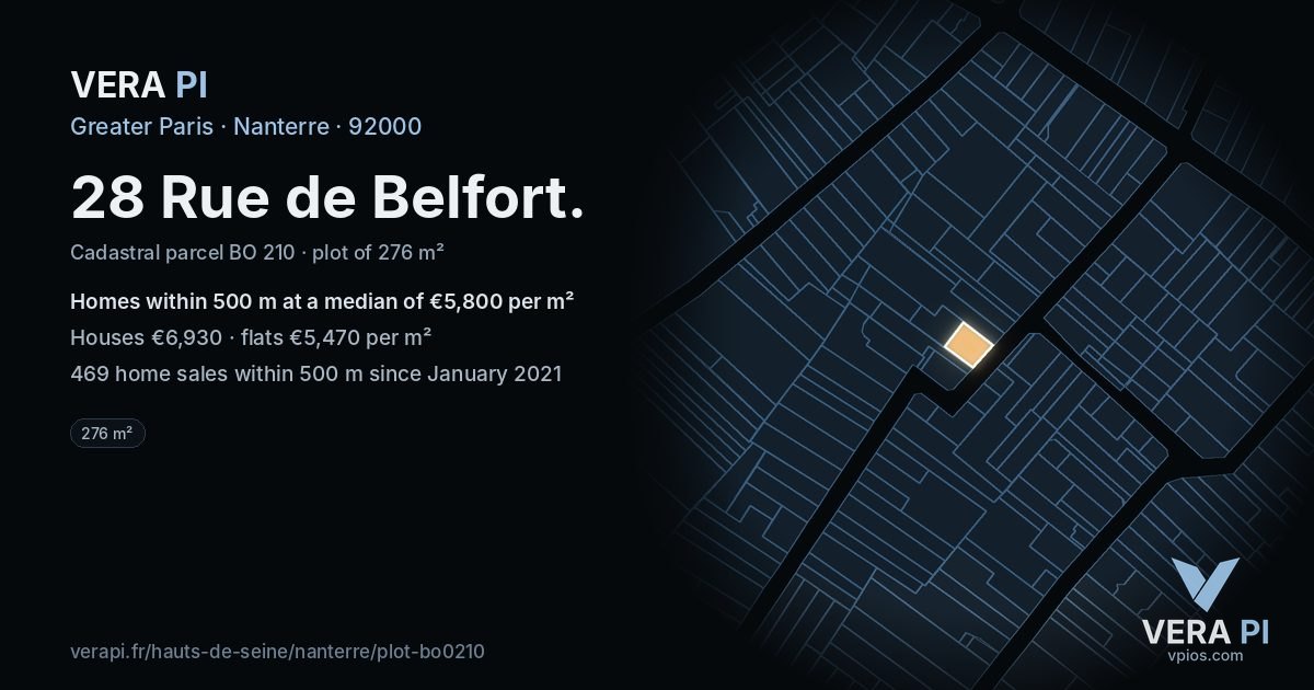 28 Rue de Belfort, Nanterre at night – the plot lit, the parcels around coloured by the prices near them