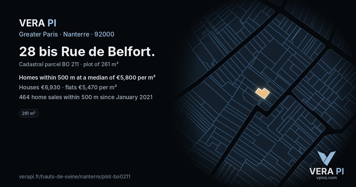 28 bis Rue de Belfort, Nanterre at night – the plot lit, the parcels around coloured by the prices near them