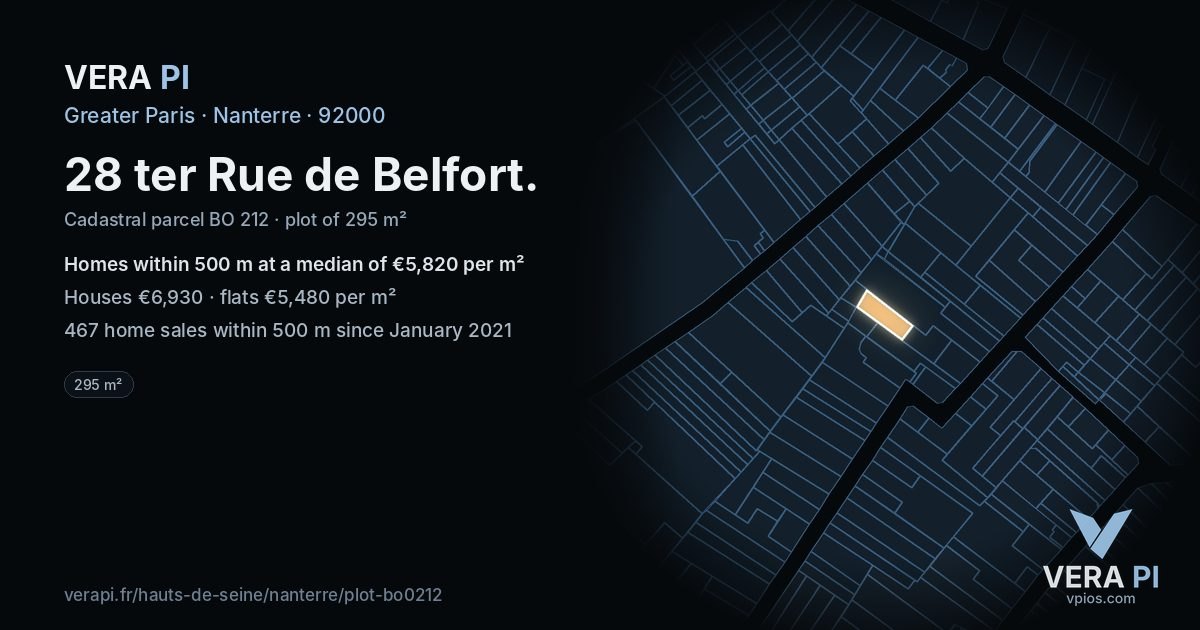 28 ter Rue de Belfort, Nanterre at night – the plot lit, the parcels around coloured by the prices near them