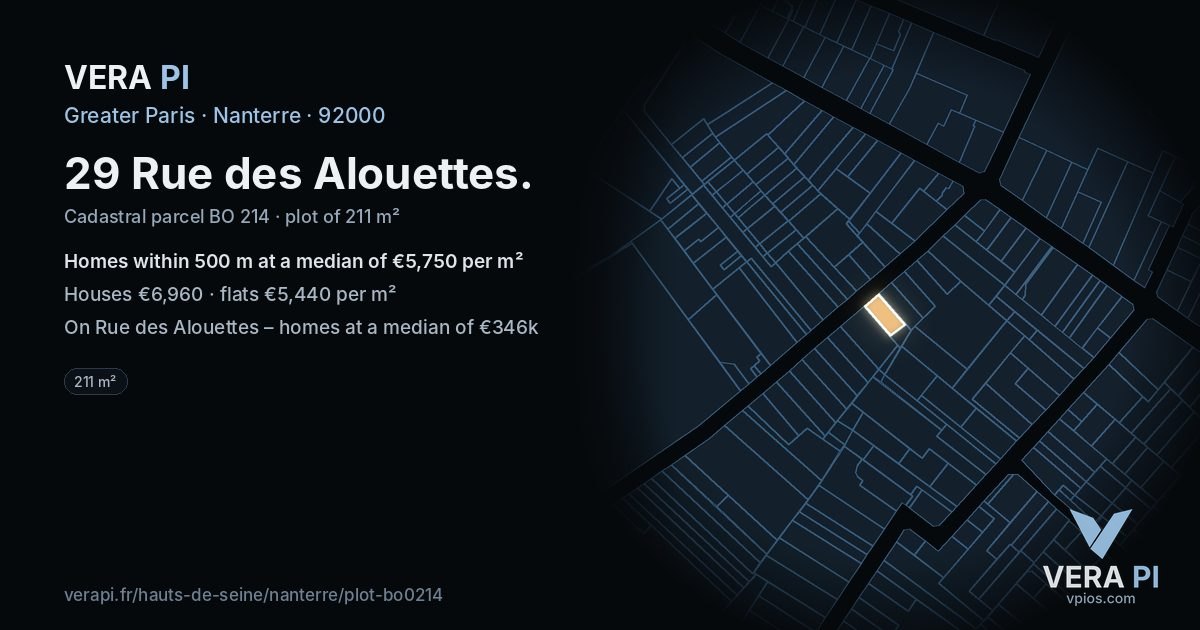 29 Rue des Alouettes, Nanterre at night – the plot lit, the parcels around coloured by the prices near them