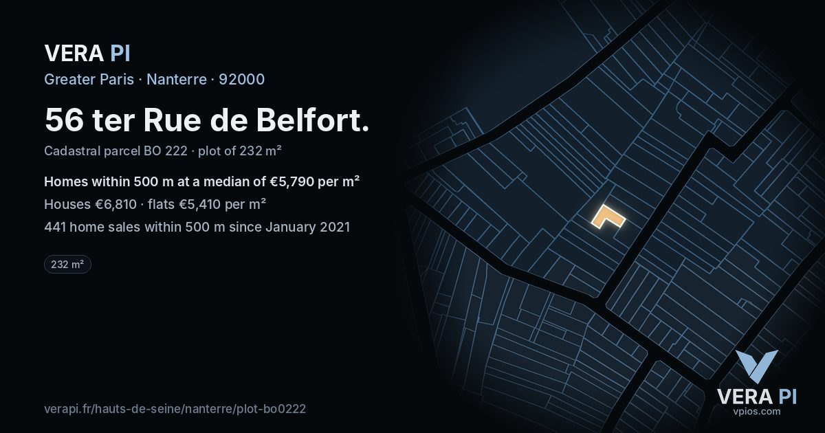 56 ter Rue de Belfort, Nanterre at night – the plot lit, the parcels around coloured by the prices near them
