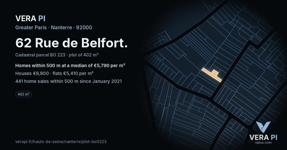 62 Rue de Belfort, Nanterre at night – the plot lit, the parcels around coloured by the prices near them