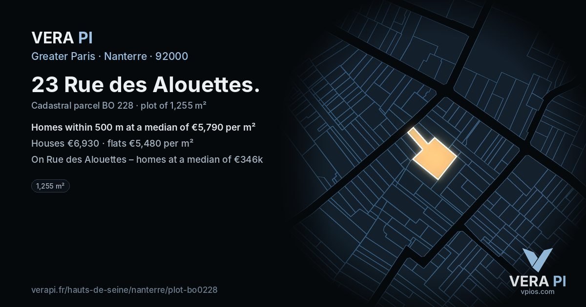 23 Rue des Alouettes, Nanterre at night – the plot lit, the parcels around coloured by the prices near them