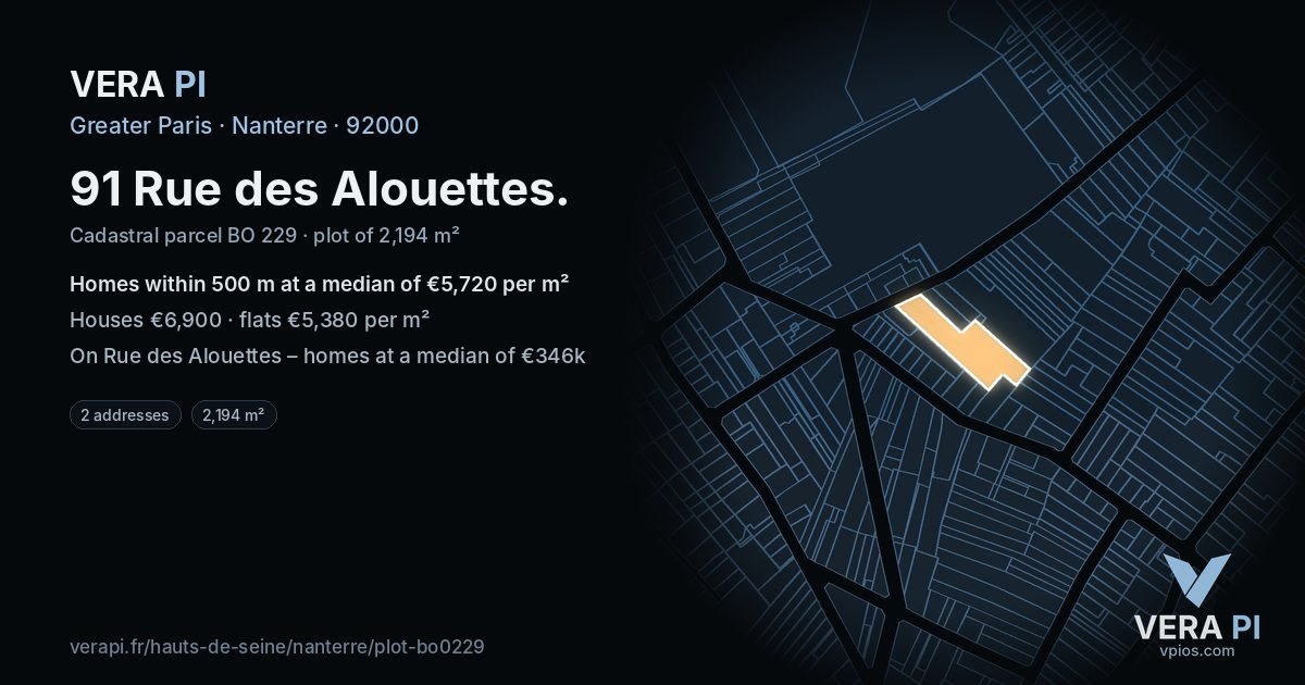 91 Rue des Alouettes, Nanterre at night – the plot lit, the parcels around coloured by the prices near them