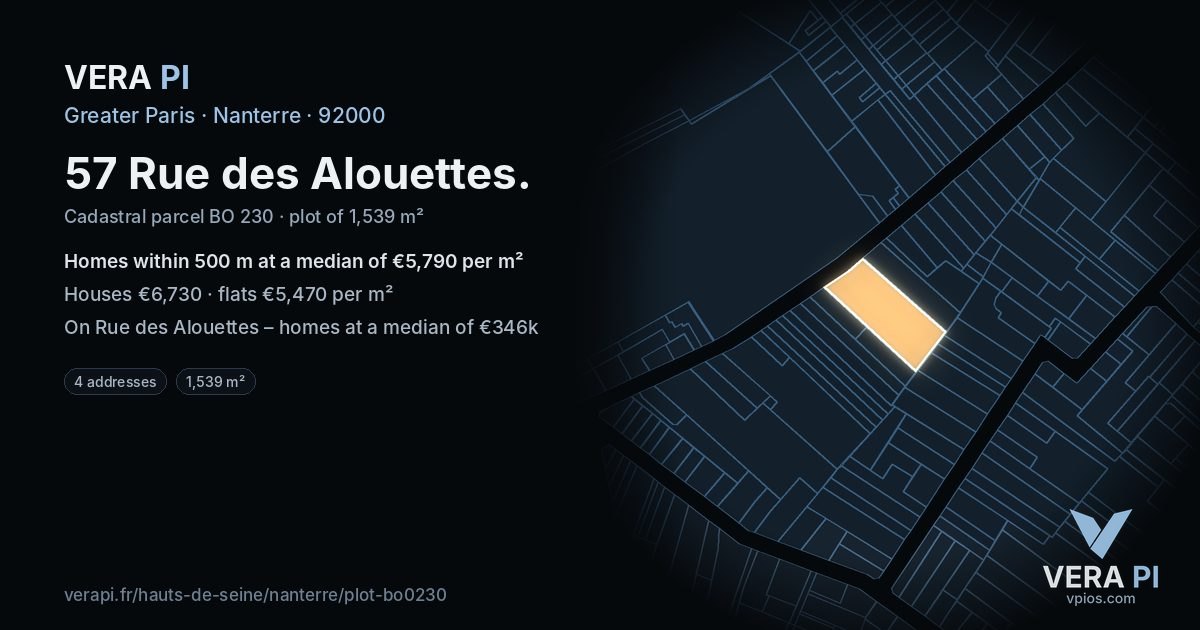 57 Rue des Alouettes, Nanterre at night – the plot lit, the parcels around coloured by the prices near them