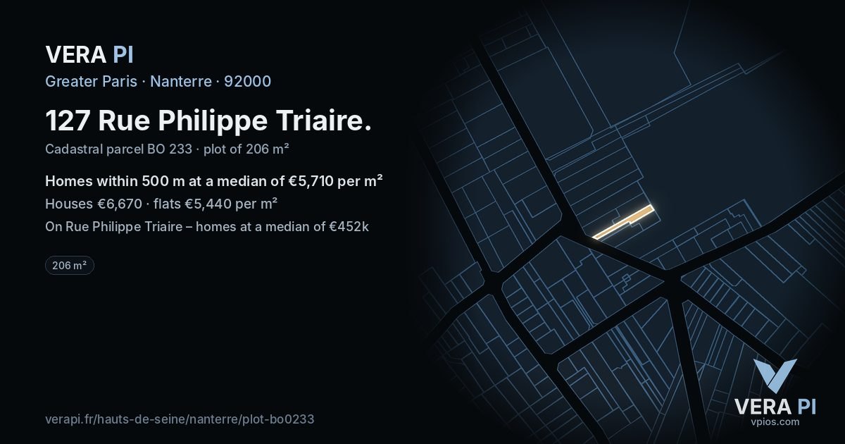 127 Rue Philippe Triaire, Nanterre at night – the plot lit, the parcels around coloured by the prices near them