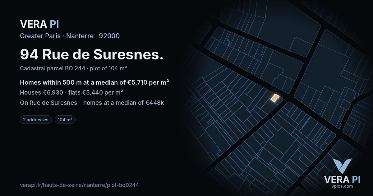 94 Rue de Suresnes, Nanterre at night – the plot lit, the parcels around coloured by the prices near them