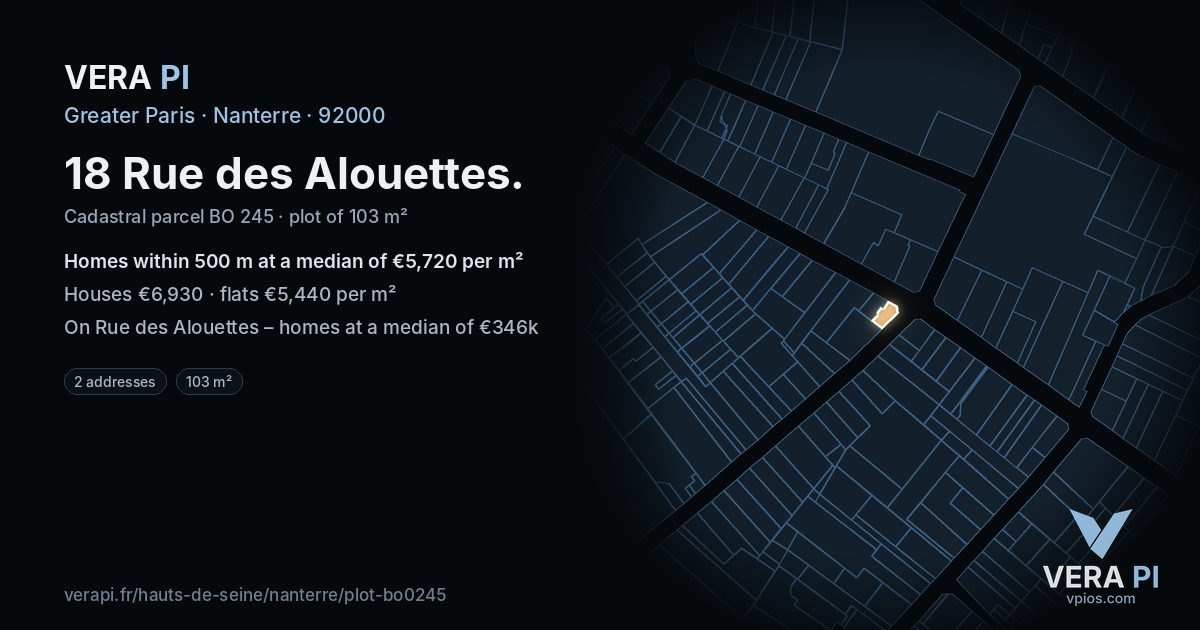 18 Rue des Alouettes, Nanterre at night – the plot lit, the parcels around coloured by the prices near them