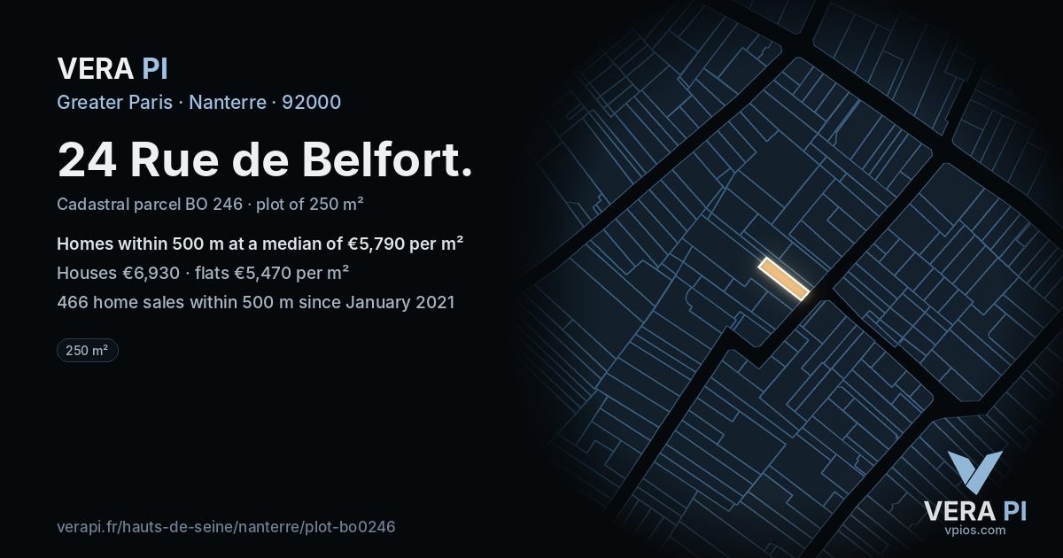 24 Rue de Belfort, Nanterre at night – the plot lit, the parcels around coloured by the prices near them