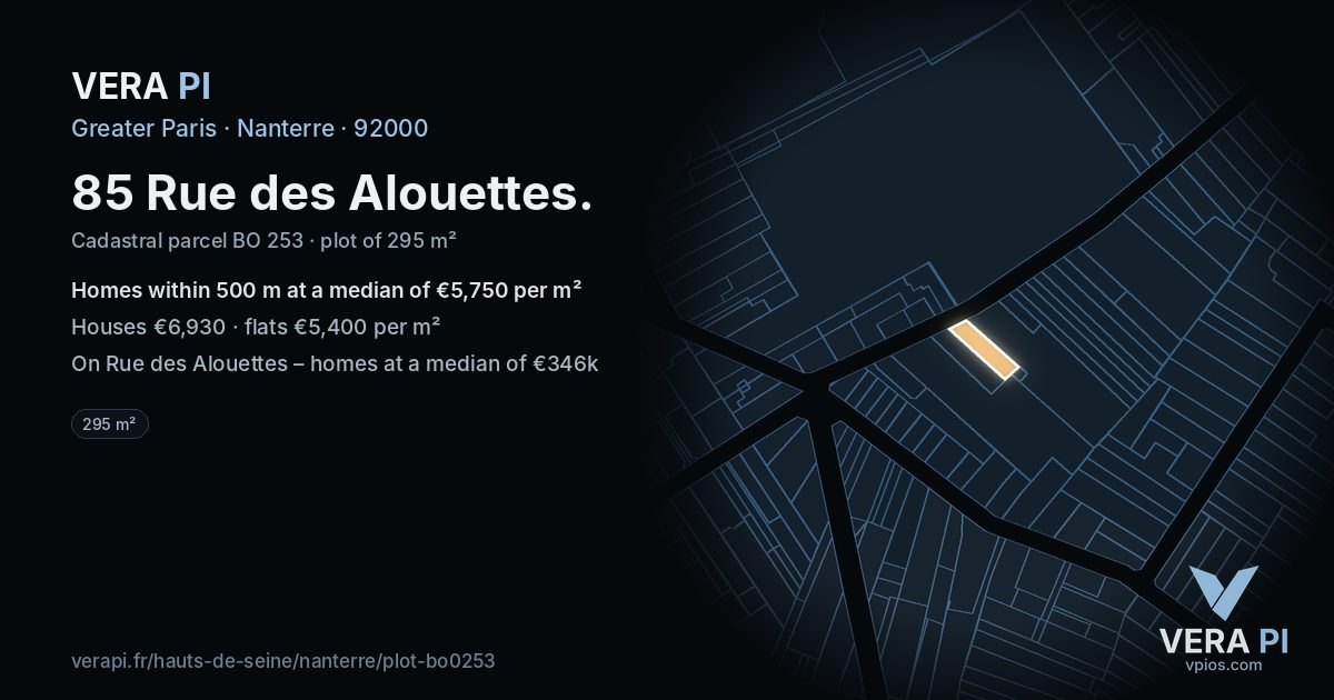 85 Rue des Alouettes, Nanterre at night – the plot lit, the parcels around coloured by the prices near them