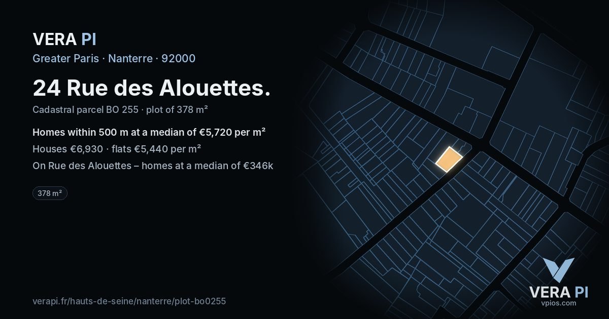 24 Rue des Alouettes, Nanterre at night – the plot lit, the parcels around coloured by the prices near them