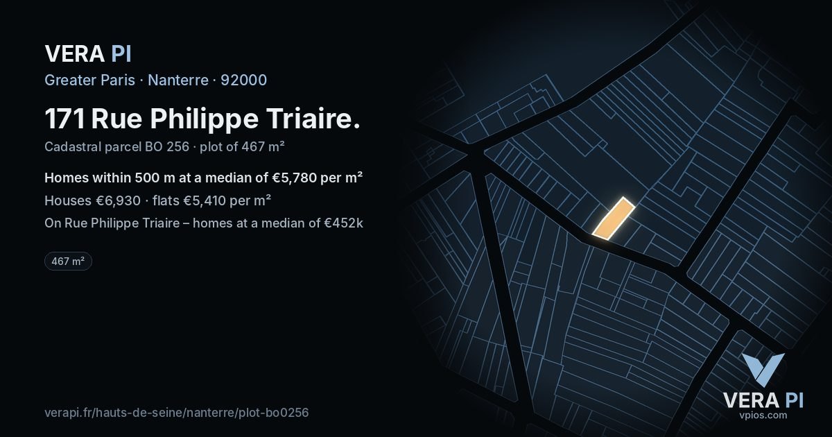 171 Rue Philippe Triaire, Nanterre at night – the plot lit, the parcels around coloured by the prices near them