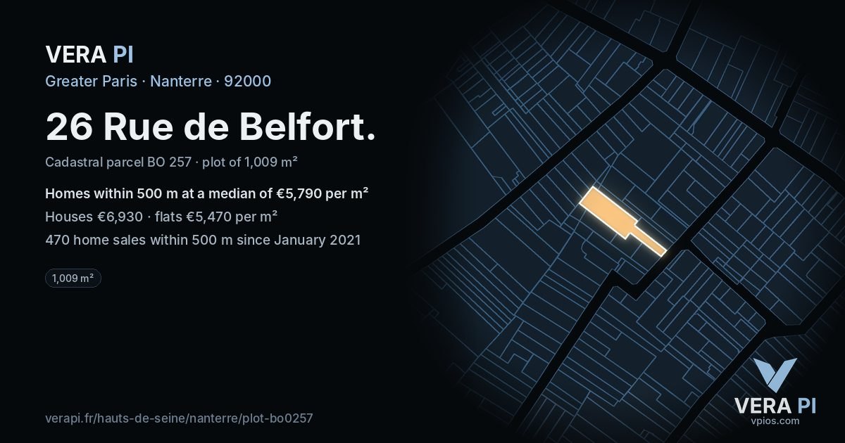 26 Rue de Belfort, Nanterre at night – the plot lit, the parcels around coloured by the prices near them