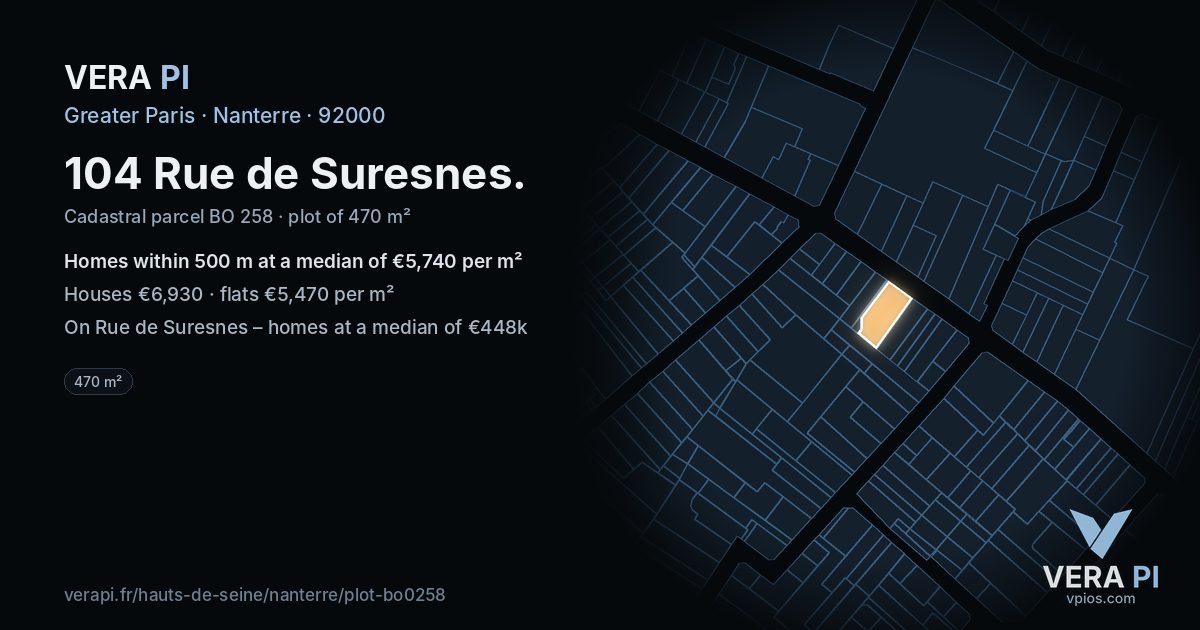 104 Rue de Suresnes, Nanterre at night – the plot lit, the parcels around coloured by the prices near them