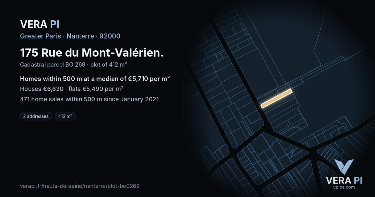 175 Rue du Mont-Valérien, Nanterre at night – the plot lit, the parcels around coloured by the prices near them