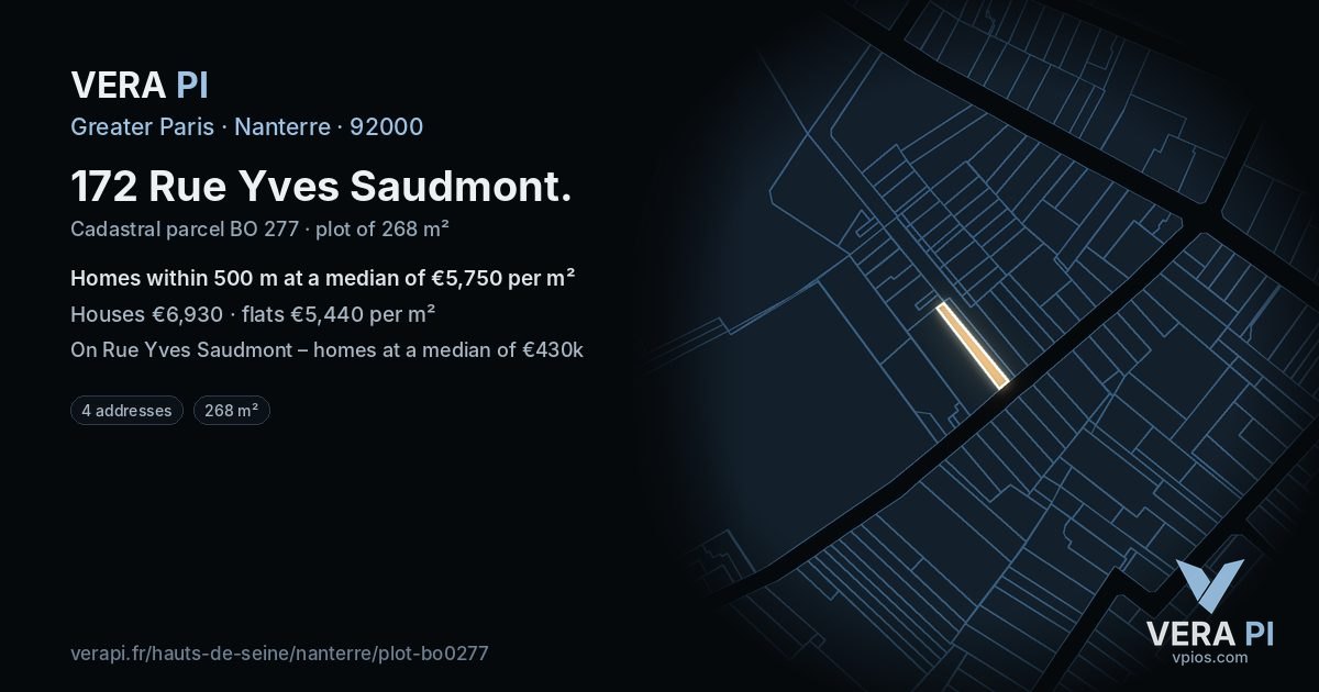 172 Rue Yves Saudmont, Nanterre at night – the plot lit, the parcels around coloured by the prices near them