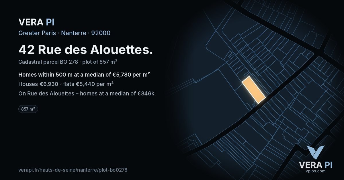 42 Rue des Alouettes, Nanterre at night – the plot lit, the parcels around coloured by the prices near them