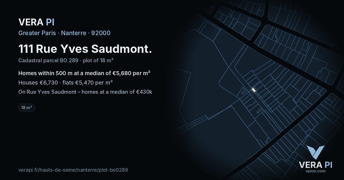 111 Rue Yves Saudmont, Nanterre at night – the plot lit, the parcels around coloured by the prices near them
