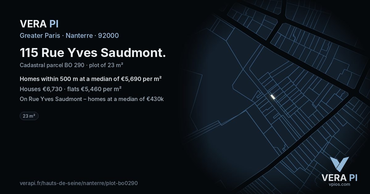 115 Rue Yves Saudmont, Nanterre at night – the plot lit, the parcels around coloured by the prices near them