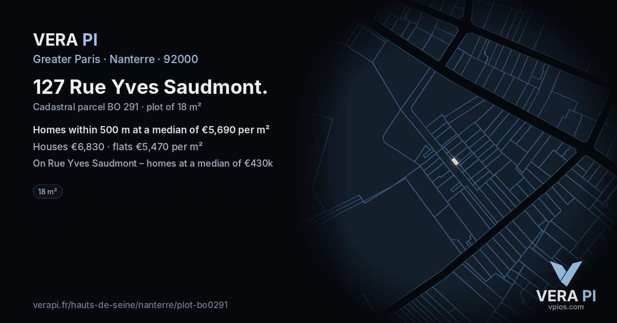 127 Rue Yves Saudmont, Nanterre at night – the plot lit, the parcels around coloured by the prices near them