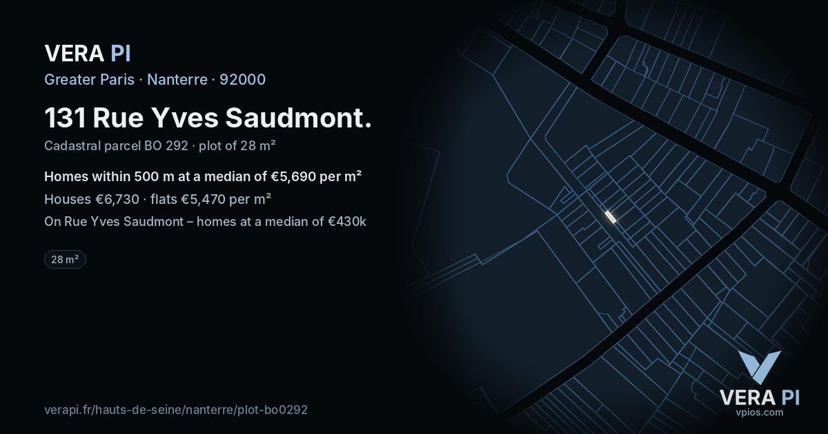 131 Rue Yves Saudmont, Nanterre at night – the plot lit, the parcels around coloured by the prices near them
