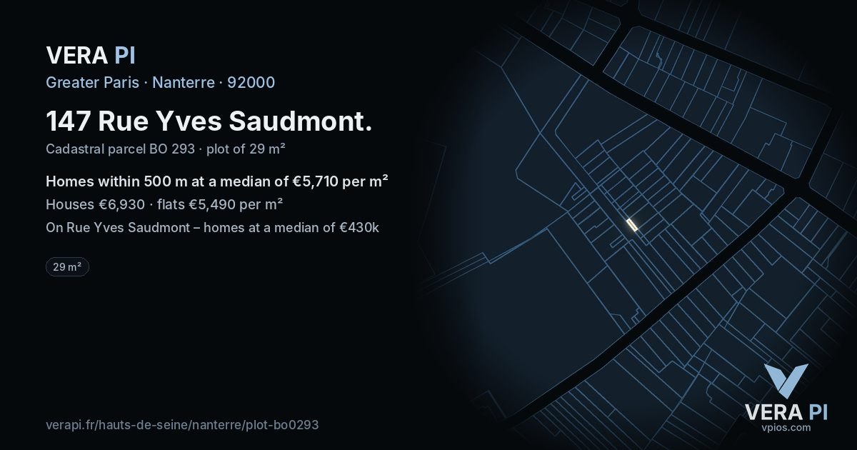 147 Rue Yves Saudmont, Nanterre at night – the plot lit, the parcels around coloured by the prices near them