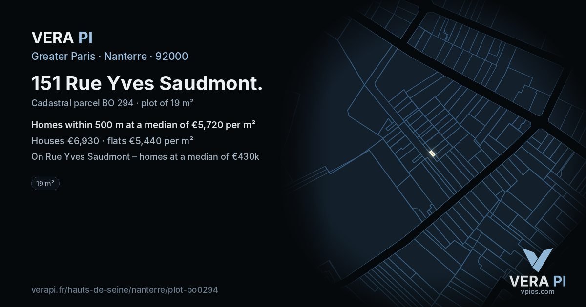 151 Rue Yves Saudmont, Nanterre at night – the plot lit, the parcels around coloured by the prices near them
