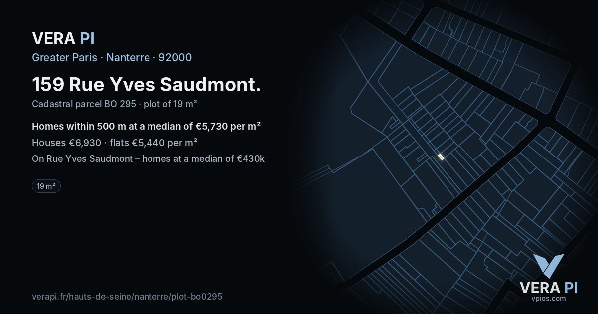 159 Rue Yves Saudmont, Nanterre at night – the plot lit, the parcels around coloured by the prices near them