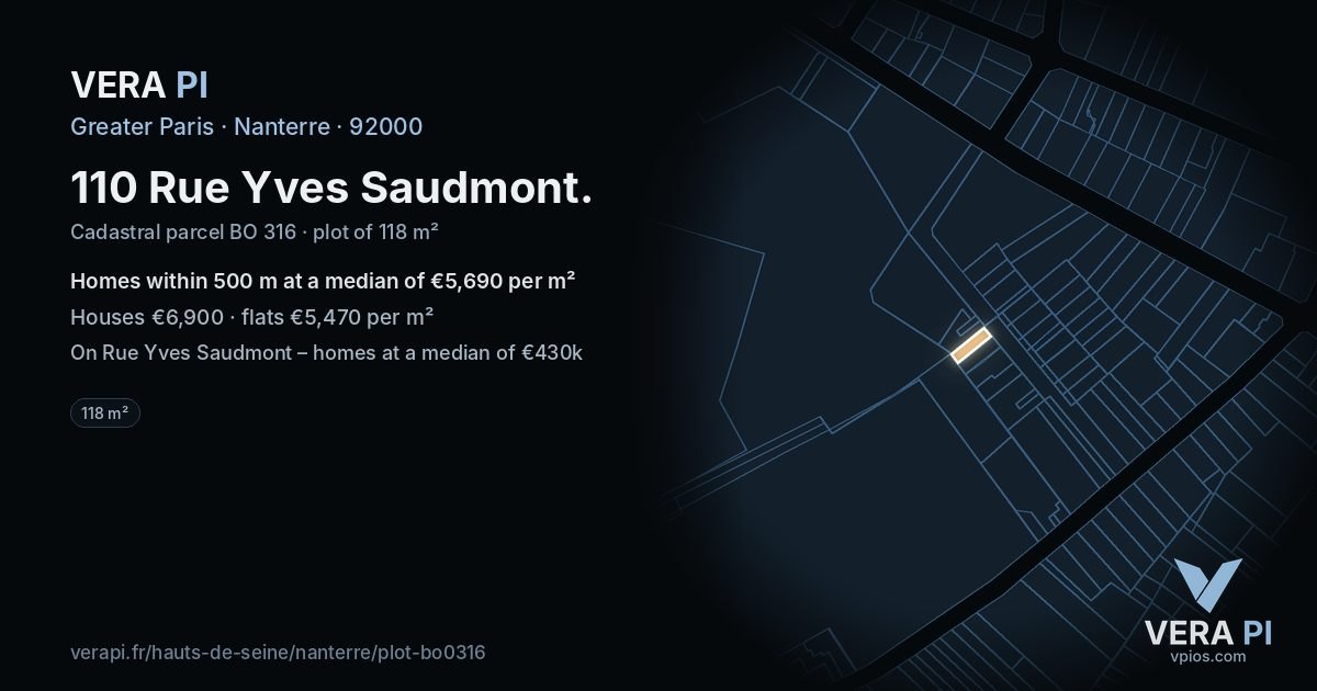 110 Rue Yves Saudmont, Nanterre at night – the plot lit, the parcels around coloured by the prices near them