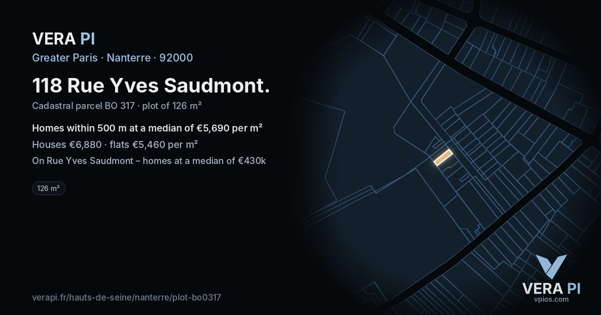 118 Rue Yves Saudmont, Nanterre at night – the plot lit, the parcels around coloured by the prices near them