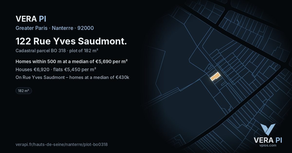 122 Rue Yves Saudmont, Nanterre at night – the plot lit, the parcels around coloured by the prices near them