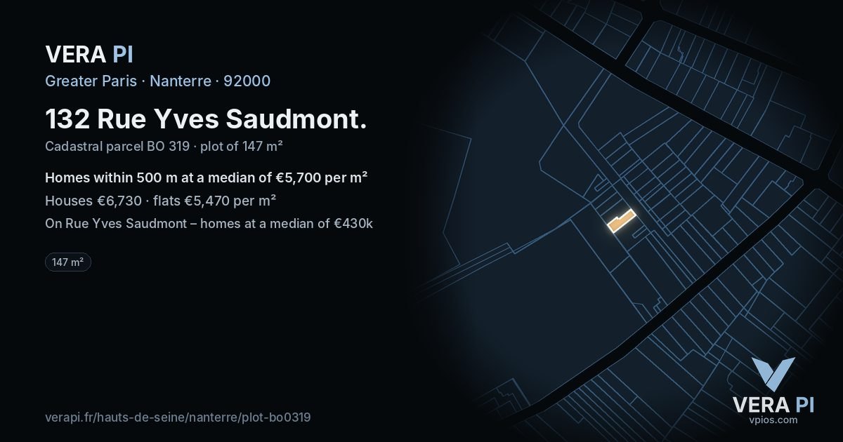 132 Rue Yves Saudmont, Nanterre at night – the plot lit, the parcels around coloured by the prices near them