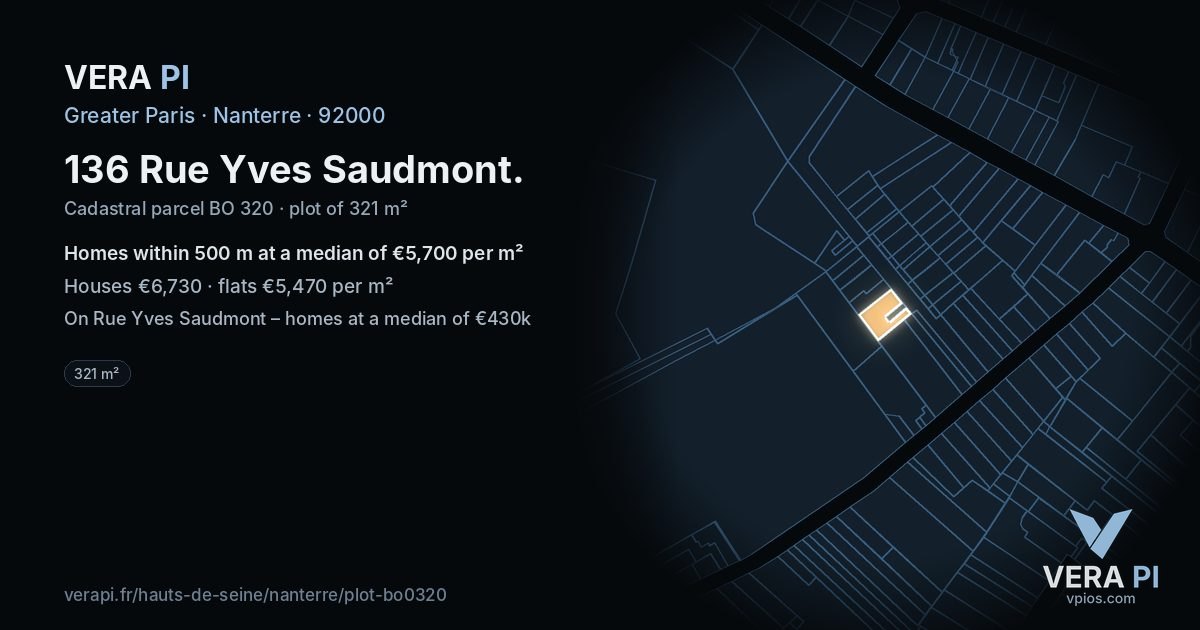136 Rue Yves Saudmont, Nanterre at night – the plot lit, the parcels around coloured by the prices near them