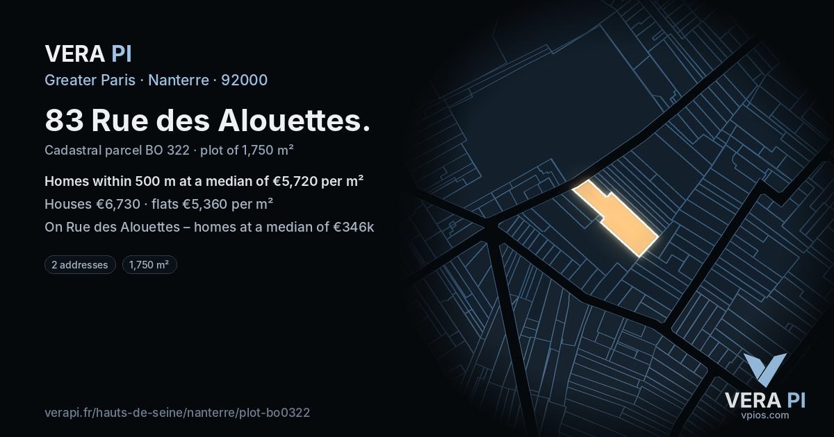 83 Rue des Alouettes, Nanterre at night – the plot lit, the parcels around coloured by the prices near them