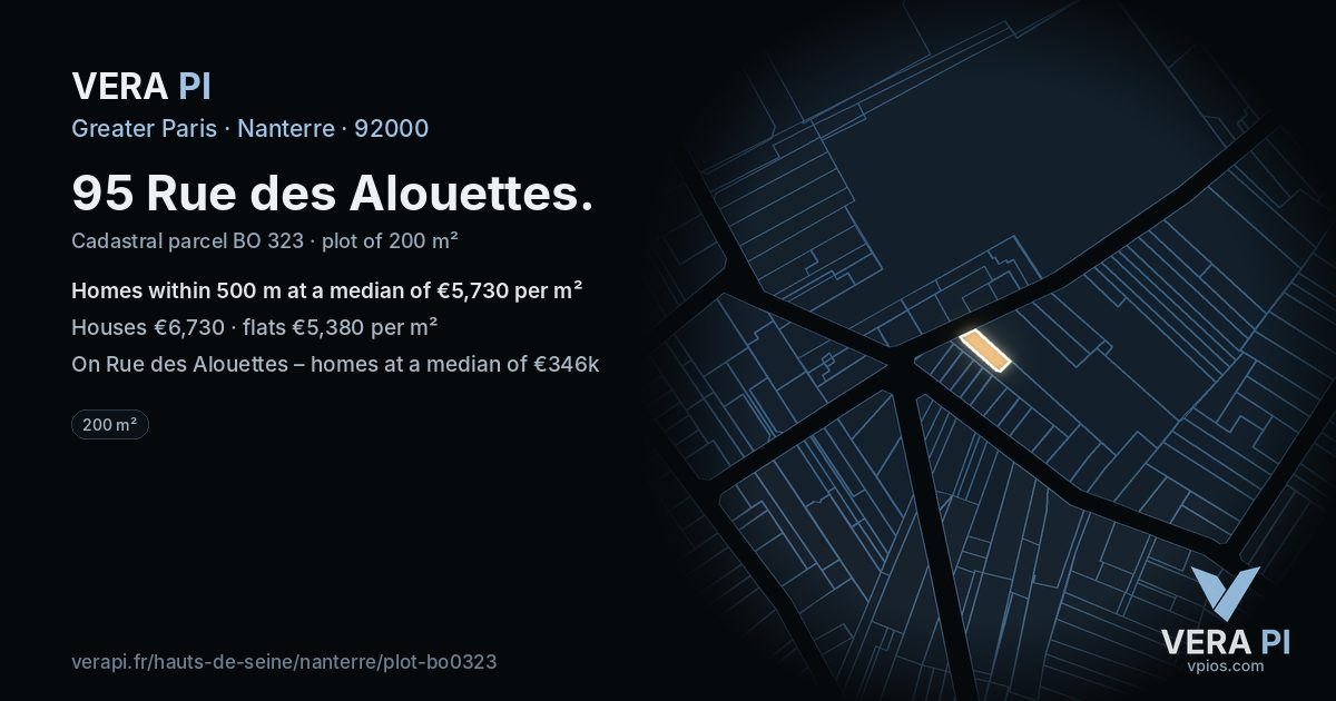 95 Rue des Alouettes, Nanterre at night – the plot lit, the parcels around coloured by the prices near them