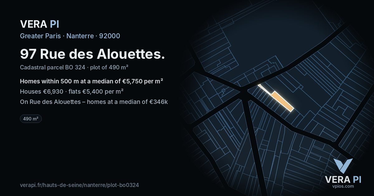 97 Rue des Alouettes, Nanterre at night – the plot lit, the parcels around coloured by the prices near them