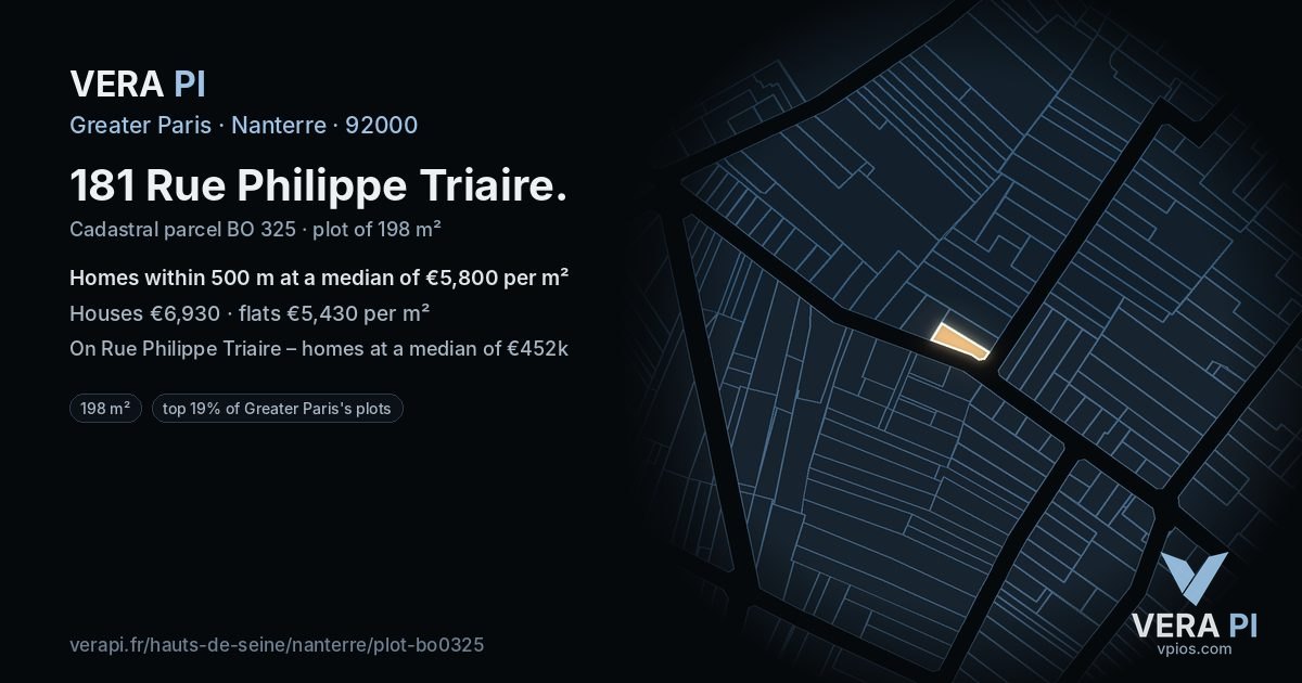 181 Rue Philippe Triaire, Nanterre at night – the plot lit, the parcels around coloured by the prices near them